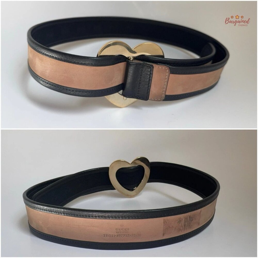 Authentic Gucci Black Monogram Canvas Leather Gold Heart Buckle Belt Size 75/30 - Picture 6 of 13
